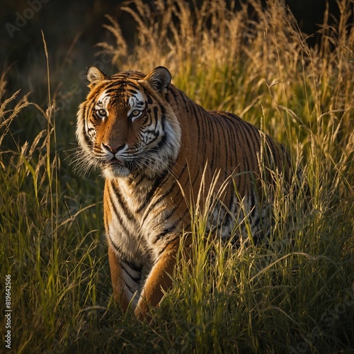 A tiger prowling through tall grass in the golden light of dawn.  