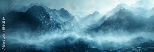 A painting depicting a mountain range shrouded in thick fog photo