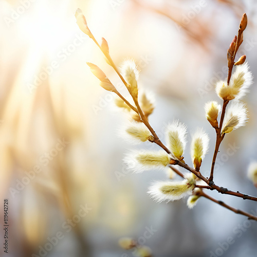 blossom fluffy willow branches on light sunny natural abstract background nature artistic image wit ,generate ai