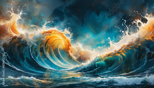 A breathtaking, dynamic seascape with a towering, crashing wave in shades of turquoise, gold, and white, creating a mesmerizing and powerful visual experience. 8k photo