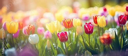 Selective focus on springtime tulips in a flowerbed with a copy space image included #819642939