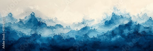 A painting featuring blue and white waves on a white wall photo