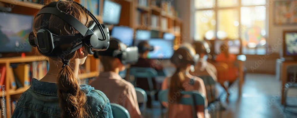 Students Using VR Headsets in Modern Classroom Students Using VR Headsets in Modern Classroom