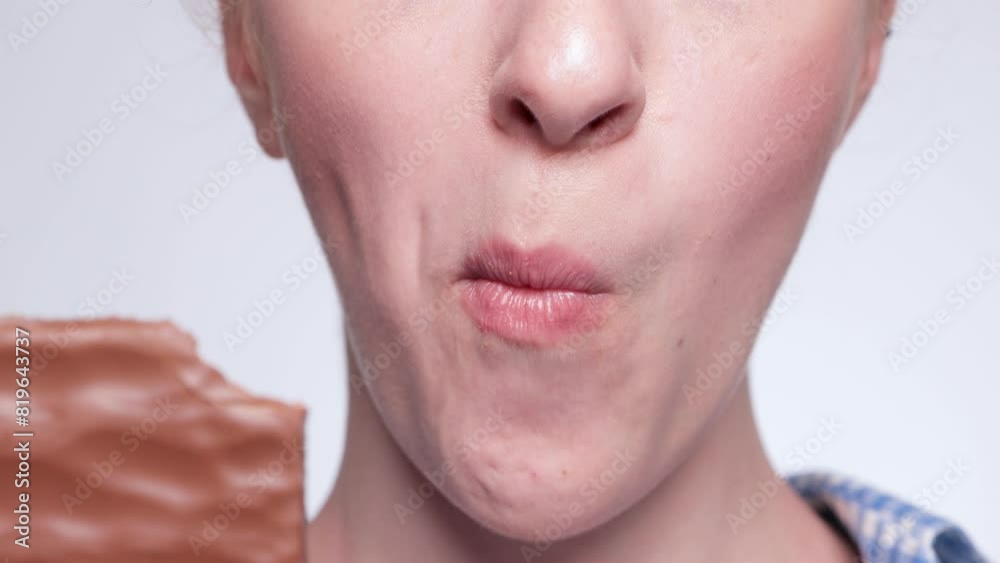 A young blonde girl with beautiful makeup in a blue shirt eats chocolate. A young blonde girl with beautiful makeup in a blue shirt eats chocolate.