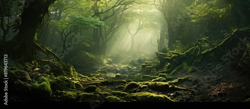 Scenic mist filled ancient forest with sunlight filtering through shadows and fog ideal for a copy space image