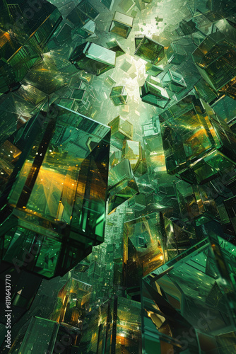 Abstract background of green and yellow crystals. 3D rendering. photo