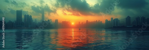 Cityscape with buildings in distance across expansive water body