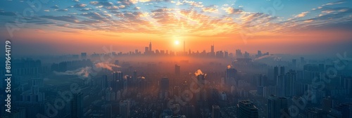 Sun setting behind modern city skyline with tall skyscrapers