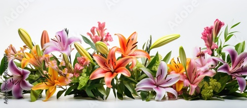 Panel kuchenny z motywem An assorted mixture of Asiatic lilies perfect for floral arrangements with a sparkling appeal reminiscent of summer blooms against a white background in a copy space image