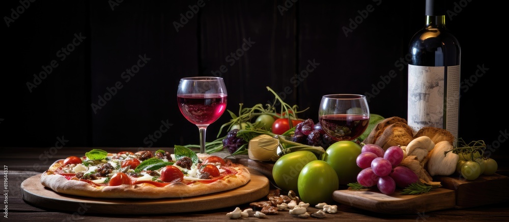 A traditional dinner spread with pizza vegetables and wine on a wooden table creating a fresh and healthy meal with copy space image