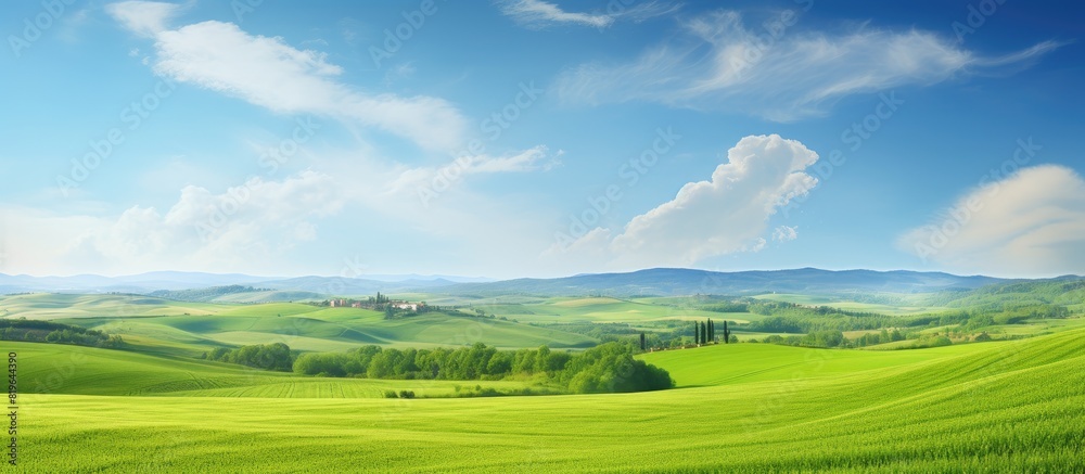 Scenic rural landscape featuring lush green wheat fields and beautiful countryside with copy space image Scenic rural landscape featuring lush green wheat fields and beautiful countryside with copy space image