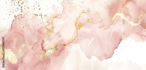 Modern chic blush, beige watercolor designs with gold leaf on wide white.