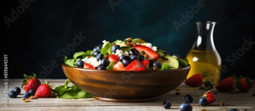 Summer inspired salad with spinach fruits seeds mozzarella and balsamic vinegar in a bowl perfect for a summer food concept with copy space image