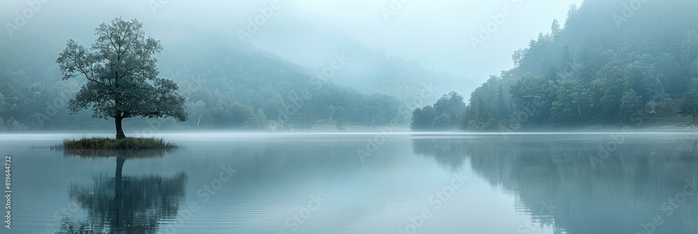Fototapeta premium A single tree in the center of a lake, surrounded by water