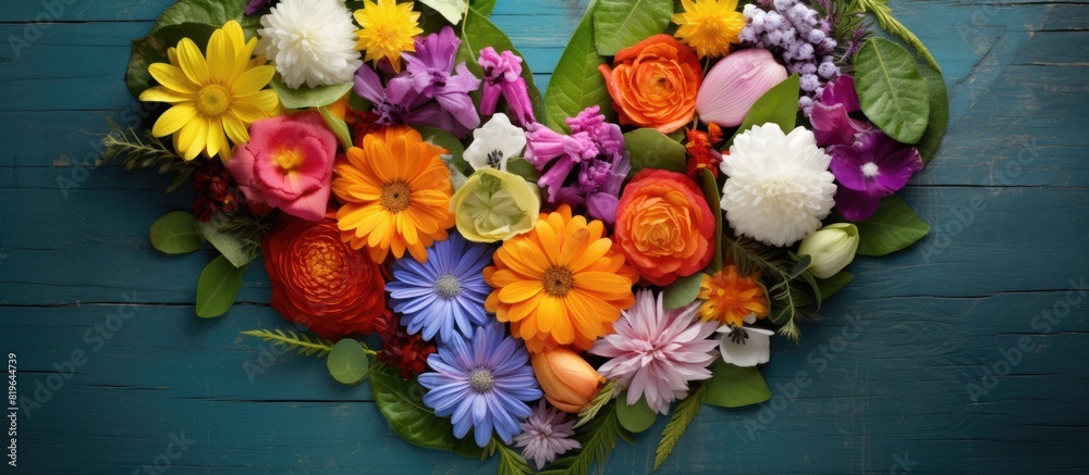 Obraz premium Creative summer love concept depicted by heart shaped arrangement of colorful flowers and leaves perfect for a copy space image