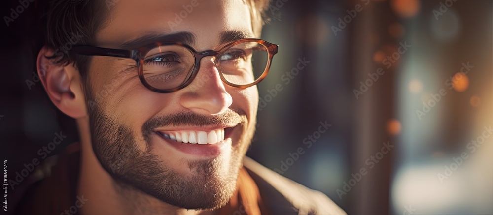 An appealing man in spectacles smiles in a close up portrait with a copy space image An appealing man in spectacles smiles in a close up portrait with a copy space image