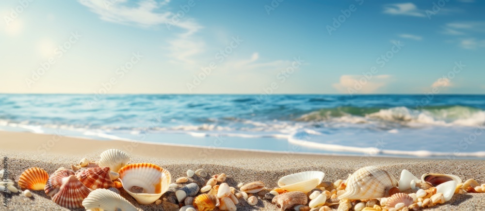 Sandy beach with various shells scattered around creating a picturesque scene with copy space image
