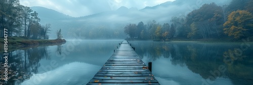 A lengthy dock stretches out into the center of a calm lake photo