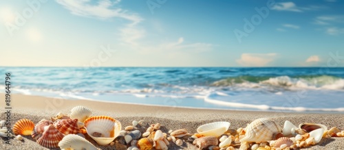 Sandy beach with various shells scattered around creating a picturesque scene with copy space image © Ilgun