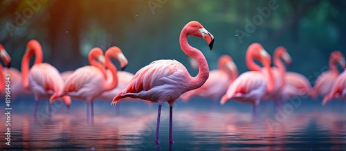 Flamingos from the United States with a vibrant pink hue are standout with their unique appearance often seen in tropical regions copy space image © Ilgun