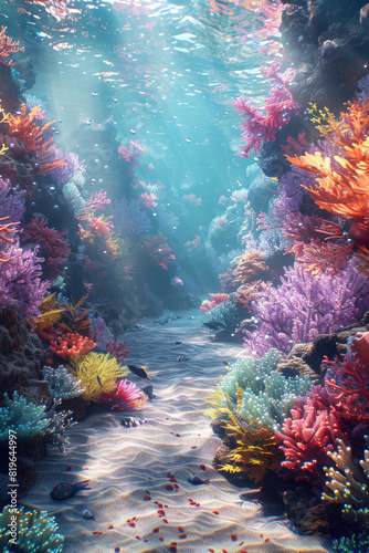 Underwater coral reef with bright sunlight shining through.