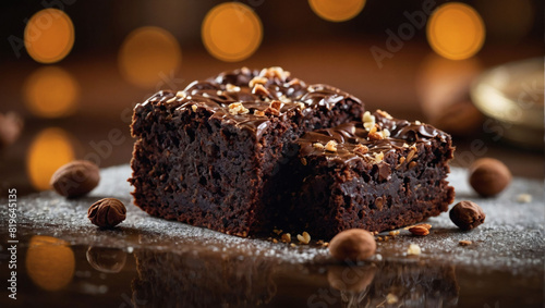 Indulge in the rich delight of freshly baked brownies, with a decadent fudgy center and a crispy exterior. photo