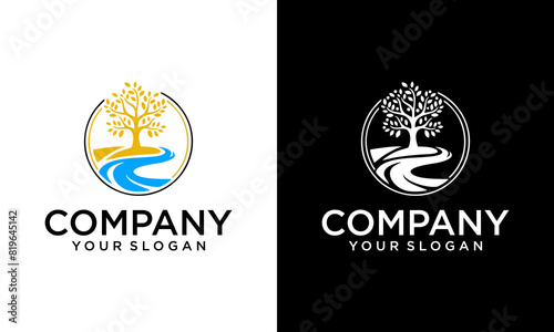 Creative olive tree logo designs with creeks or rivers symbol