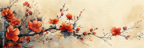 Painting of a tree branch filled with vibrant red flowers