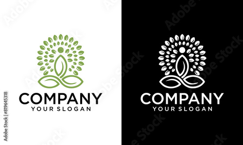 Creative Premium Vectors | The yoga meditation pose logo on a leaf background creates a natural feel in the logo design