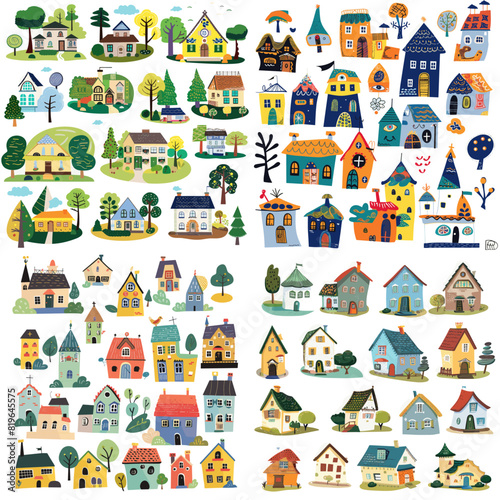 Whimsical hand-drawn houses in a colorful, artistic style featuring charming cottages, cozy homes, and creative architecture with nature-inspired details