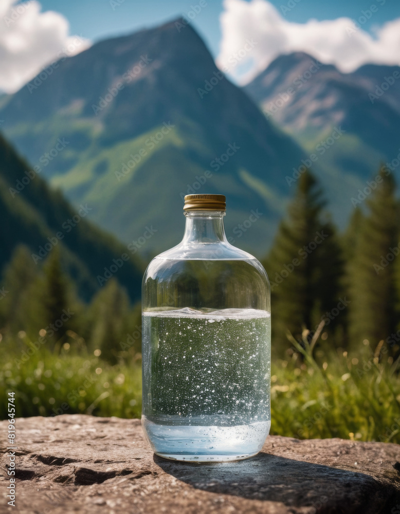Advertisement for fresh sparkling water in front of mountain landscape Advertisement for fresh sparkling water in front of mountain landscape