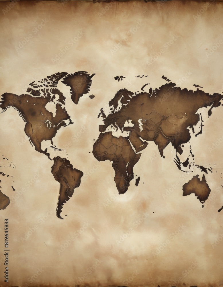 Antique-style world map printed on parchment paper, featuring detailed continents and aged texture.