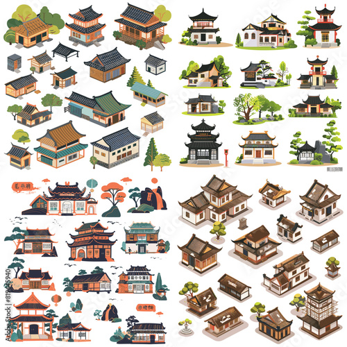 Beautiful traditional Asian architecture illustrations featuring Japanese, Chinese, and Korean-style houses, temples, and pagodas in vibrant, detailed artistic design.