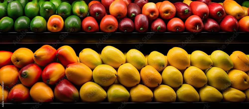 Mangoes beautifully arranged in the grocery store s produce aisle with copy space image Mangoes beautifully arranged in the grocery store s produce aisle with copy space image