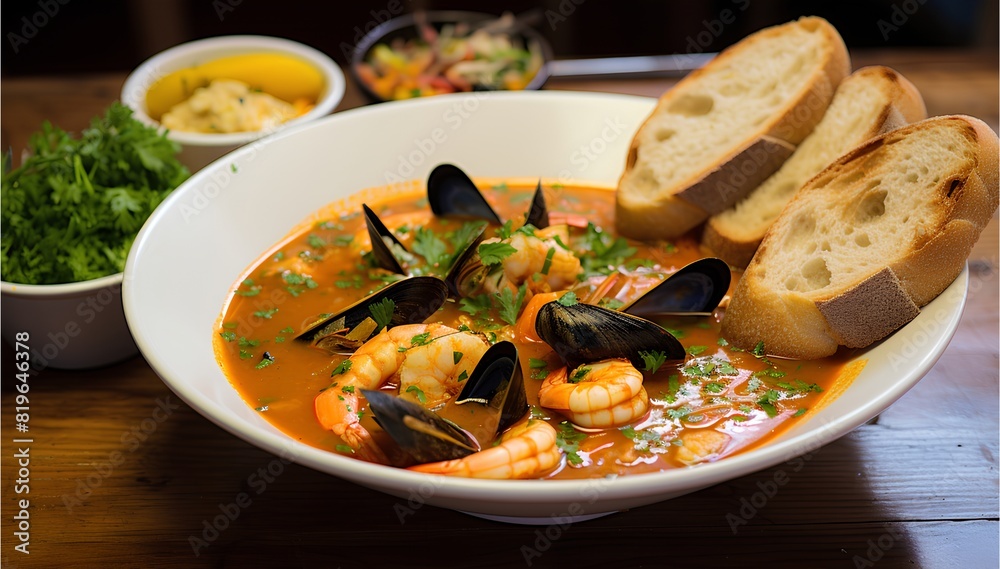 French bouillabaisse stew, full of Mediterranean seafood and tomatoes, cinematic food photography