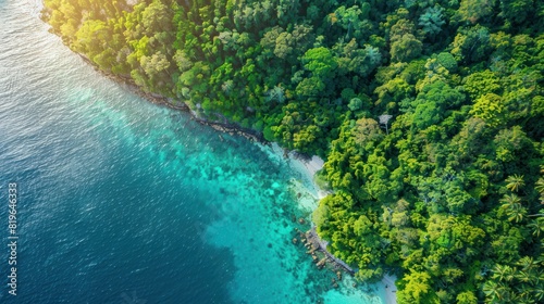 Tropical Paradise from Above - Stunning overhead view of a tropical coastline with lush green forest meeting crystal clear blue waters. Perfect for travel and nature themes.