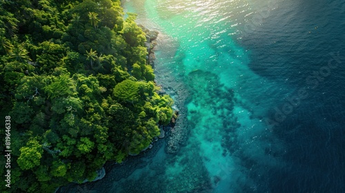 Tropical Paradise from Above - Stunning overhead view of a tropical coastline with lush green forest meeting crystal clear blue waters. Perfect for travel and nature themes.