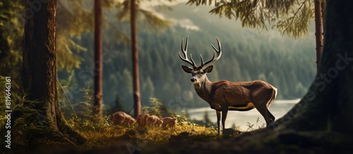 A wild deer emerged from the forest while we were camping creating a captivating scene for a copy space image