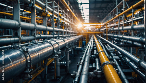 Industrial Network, Close-Up View of Pipeline and Pipe Rack Distributing Liquid in Plant.