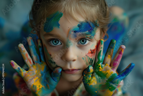 Child with Painted Hands and Face Looking at Camera photo