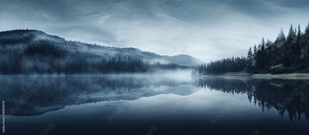 Fototapeta premium Resembling mist floating on the mirror like surface of the tranquil lake creating a serene and captivating ambiance with a copy space image
