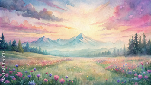A serene meadow stretches out under a pastel sky, dotted with wildflowers and framed by distant mountains  photo