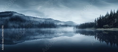 Resembling mist floating on the mirror like surface of the tranquil lake creating a serene and captivating ambiance with a copy space image