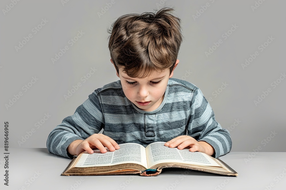 Studio shot isolation young boy reading book on grey background Studio shot isolation young boy reading book on grey background