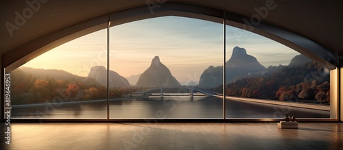 Above the bridge there is a large window with a scenic mountain view in the background suitable for use as a copy space image