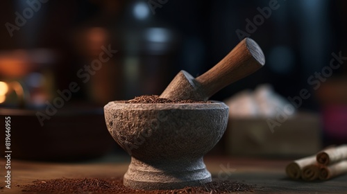 Mortar and pestle with flour on a wooden table. photo