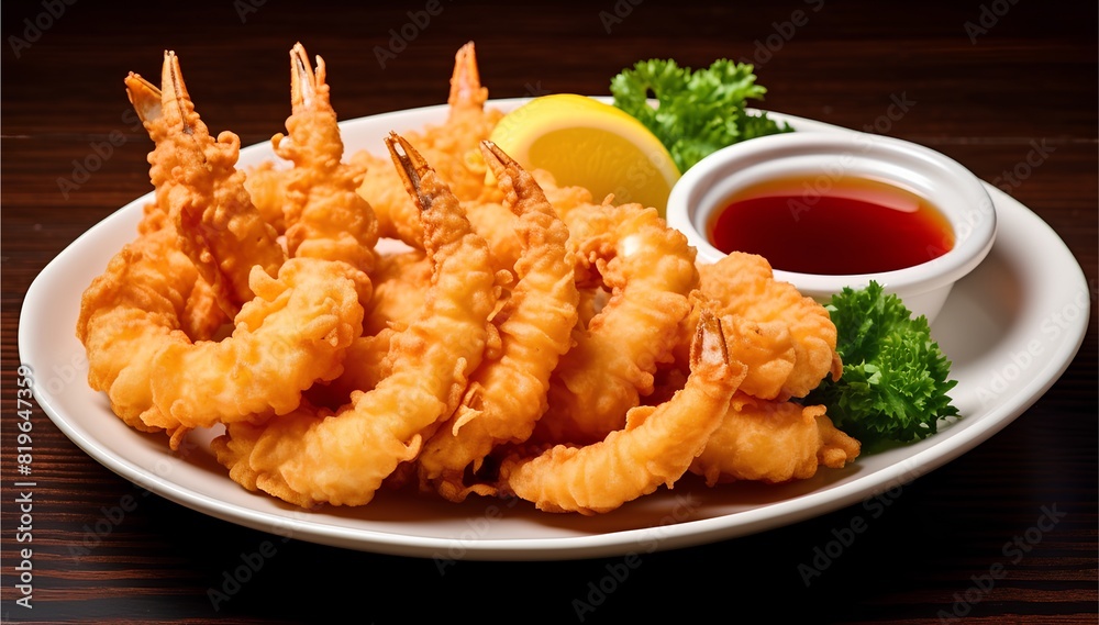 Shrimp tempura, delightful Japanese dish, shrimp battered and deep-fried until crisp and golden brown Shrimp tempura, delightful Japanese dish, shrimp battered and deep-fried until crisp and golden brown