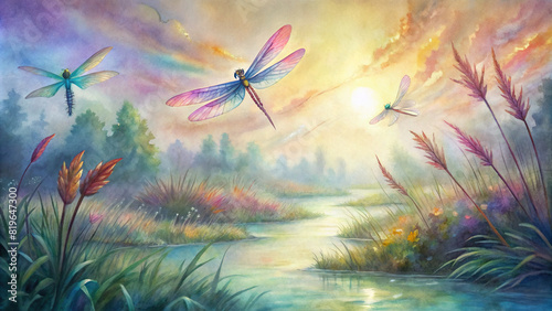 Vibrant dragonflies darting among tall grasses near a babbling brook, their iridescent wings shimmering in the sunlight