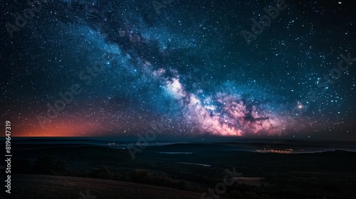A starry night sky with the Milky Way stretching across the horizon  illuminating the landscape below with its soft glow. 32k  full ultra HD  high resolution
