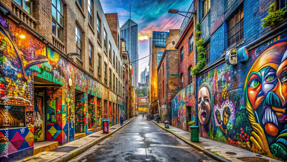 Panoramic view of a bustling city alley covered in vibrant street art, capturing the essence of urban life